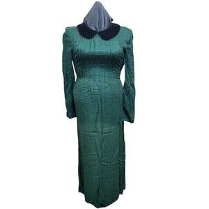 80s Green Buffalo Plaid Velvet Maxi Dress Prairie Holiday Whimsigoth Pleats Sz6